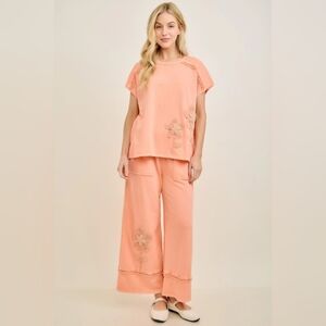 #1339 J Her Papaya Blossom Crochet Wide-Leg Set